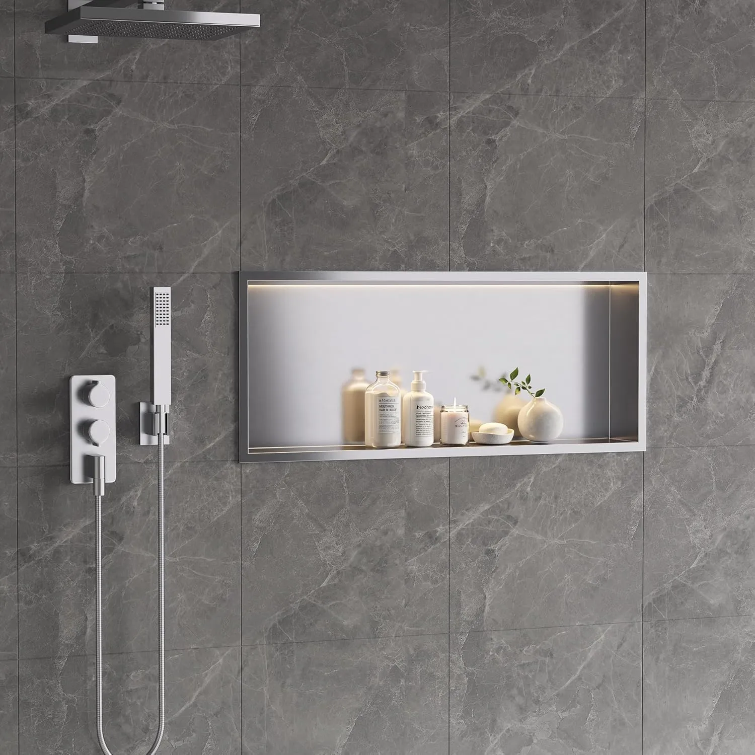 Neodrain Recessed LED Shower Niche, Brushed 30X12 in Waterproof Stainless Steel Wall Niche, 3000K LED Strip No Tile Needed Cabinet for Bathroom Storage
