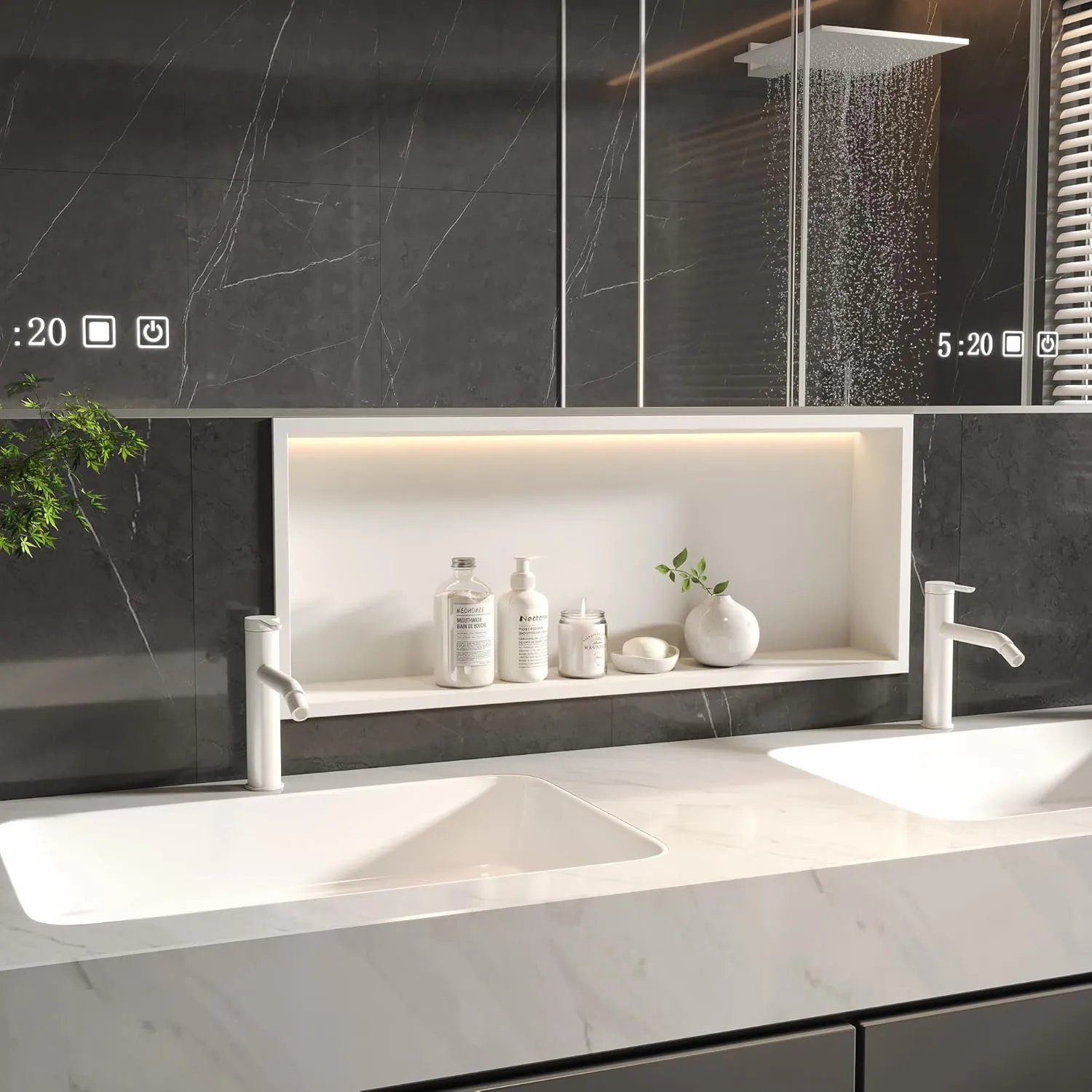 Neodrain Shower Niche, 30X12Inch White Wall Niche Stainless Steel Wall Niche NO Tile Needed Recessed Niche Shower for Bathroom Storage with Non-dimmable Led Light