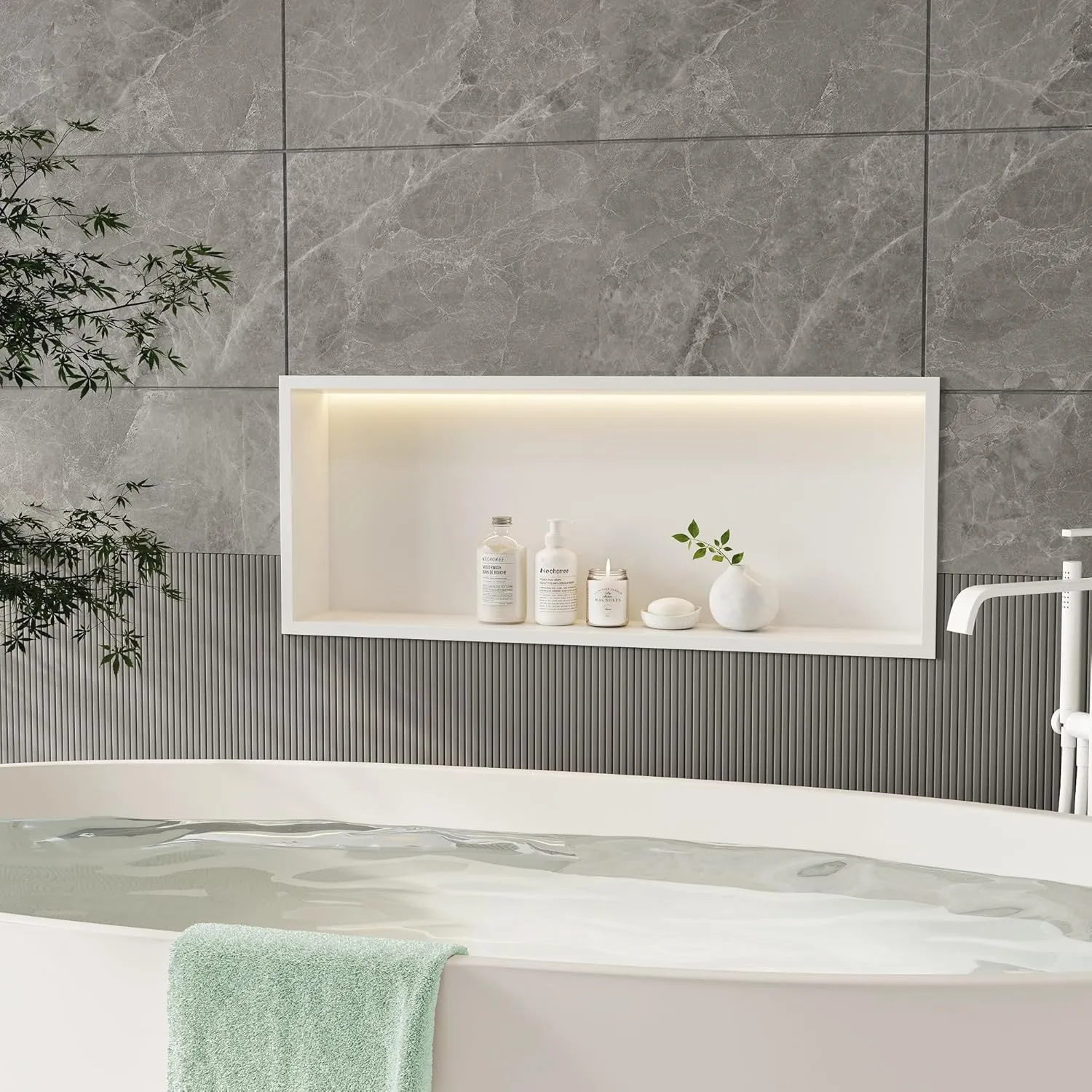 Neodrain Shower Niche, 30X12Inch White Wall Niche Stainless Steel Wall Niche NO Tile Needed Recessed Niche Shower for Bathroom Storage with Non-dimmable Led Light