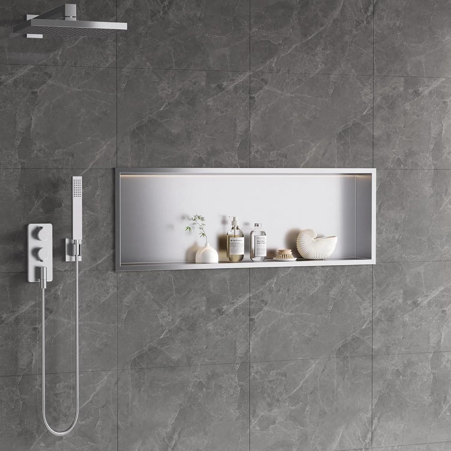 Neodrain Shower Niche, Brushed 36X12 in Stainless Steel Wall Niche, No Tile Needed Wall Niche for Bathroom Storage Over Mount Installation
