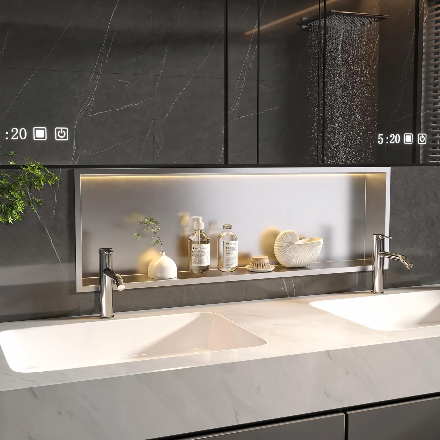 Neodrain Shower Niche, Brushed 36X12 in Stainless Steel Wall Niche, No Tile Needed Wall Niche for Bathroom Storage Over Mount Installation