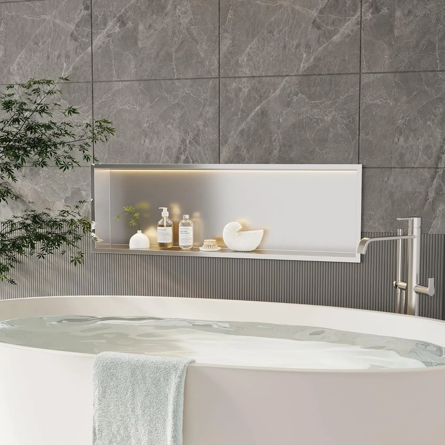 Neodrain Shower Niche, Brushed 36X12 in Stainless Steel Wall Niche, No Tile Needed Wall Niche for Bathroom Storage Over Mount Installation