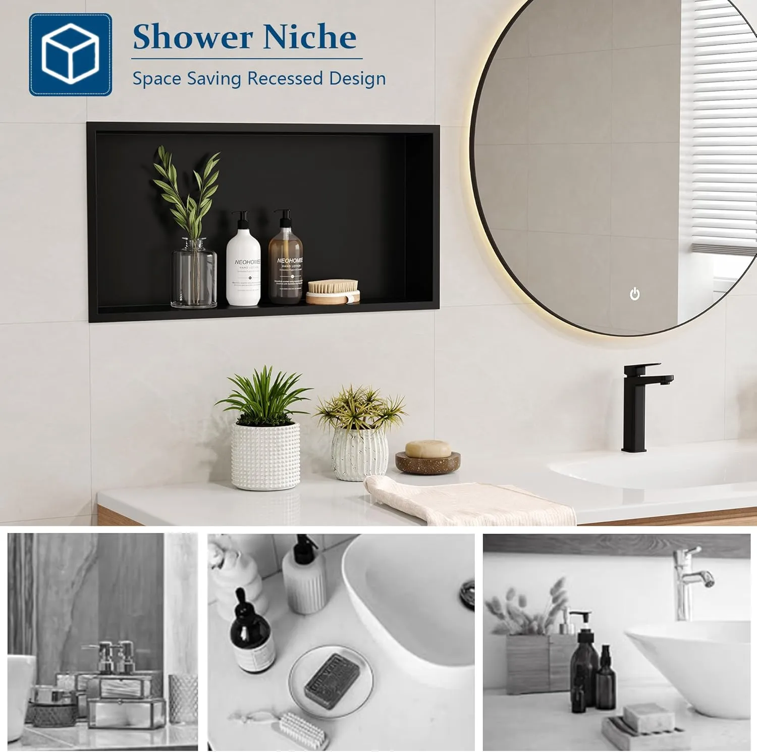 Neodrain Shower Niche, Shower Niche Bathroom Shelf, (Outside Size 25.1"x13.1") (Inner Size 24" X 12" X 4"), NO Tile Needed Recessed Niche Shower for Storage, Matte Black