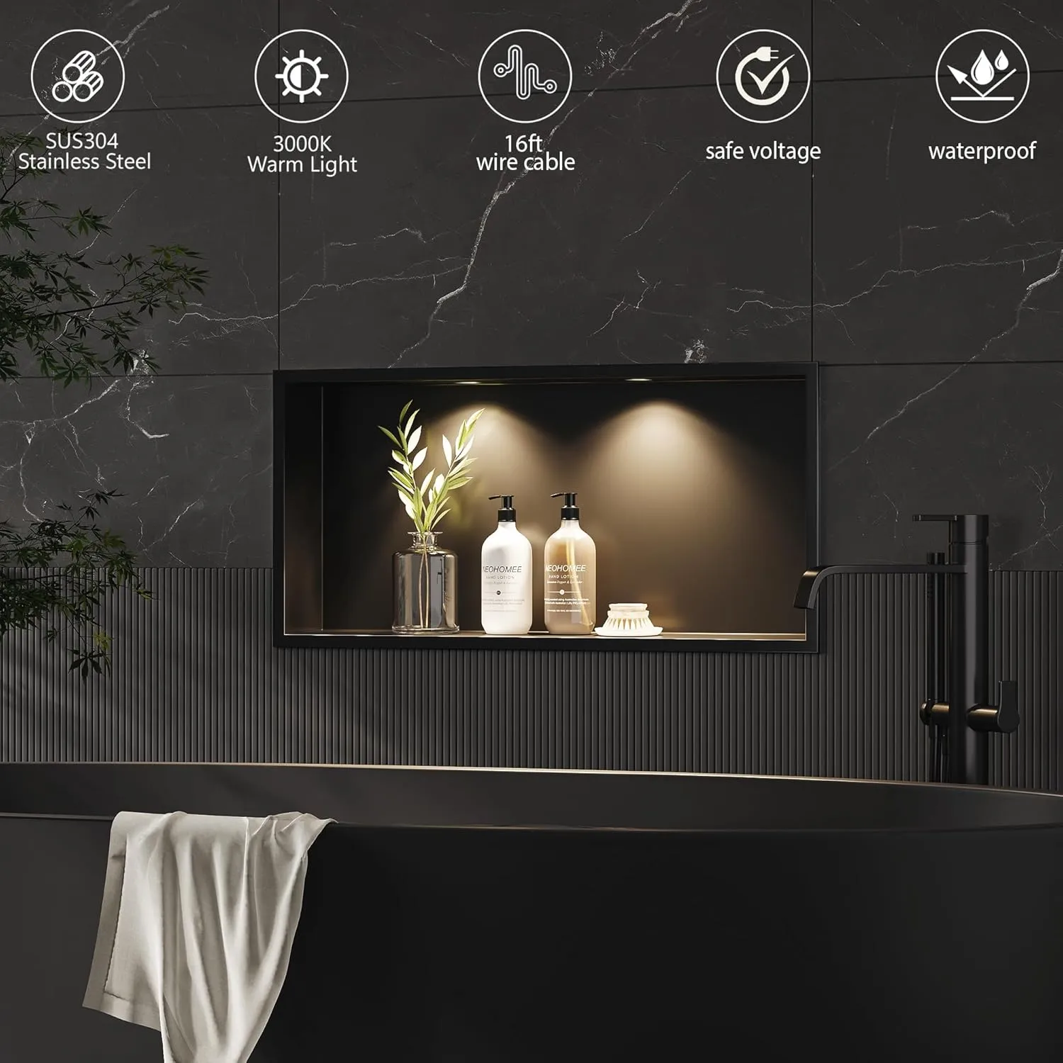 Neodrain Wall Niche With Non-dimmable LED Downlight, Matte Black Stainless 24X12Inch Shower Storage, Built-in Recessed for Bathroom NO Tile Needed