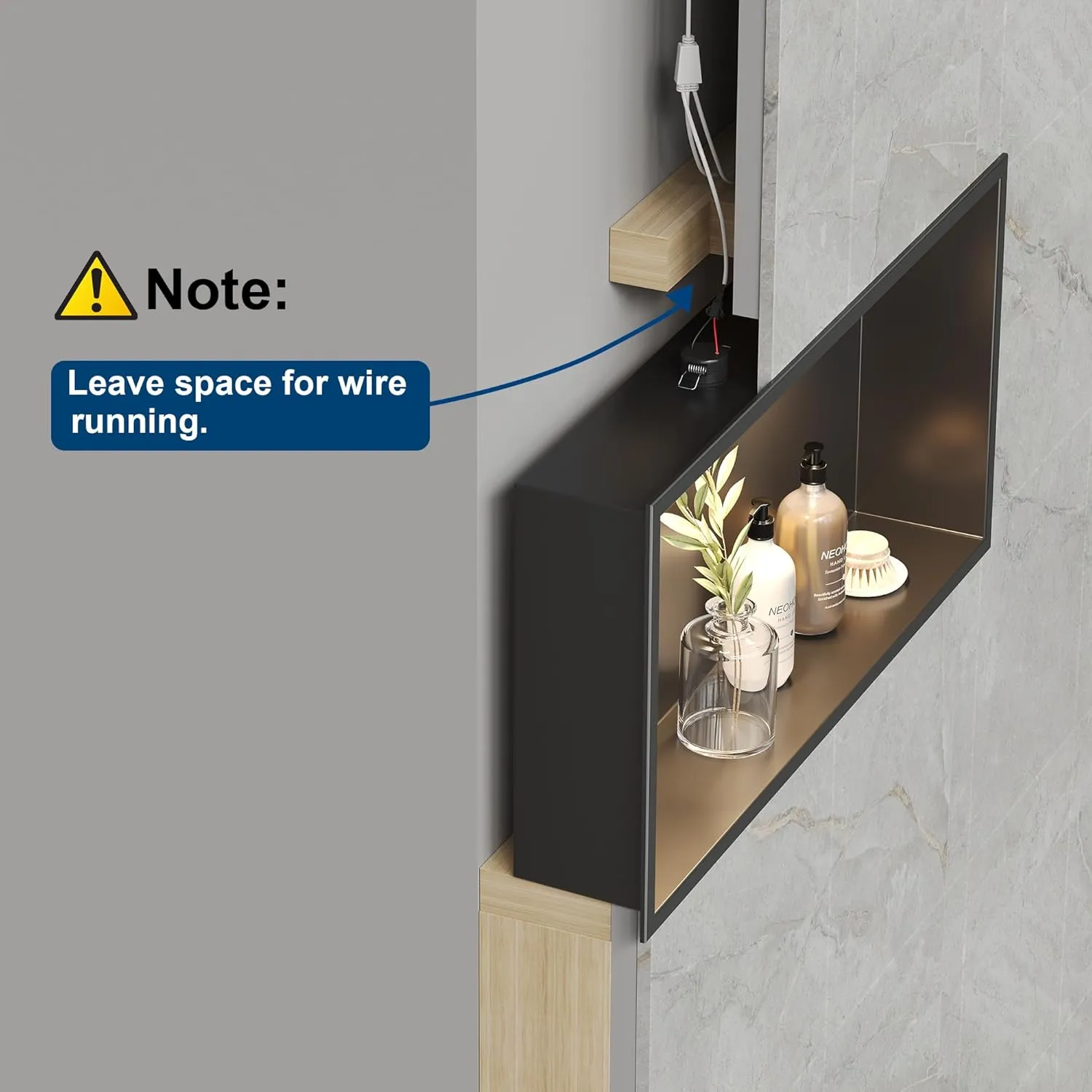 Neodrain Wall Niche With Non-dimmable LED Downlight, Matte Black Stainless 24X12Inch Shower Storage, Built-in Recessed for Bathroom NO Tile Needed