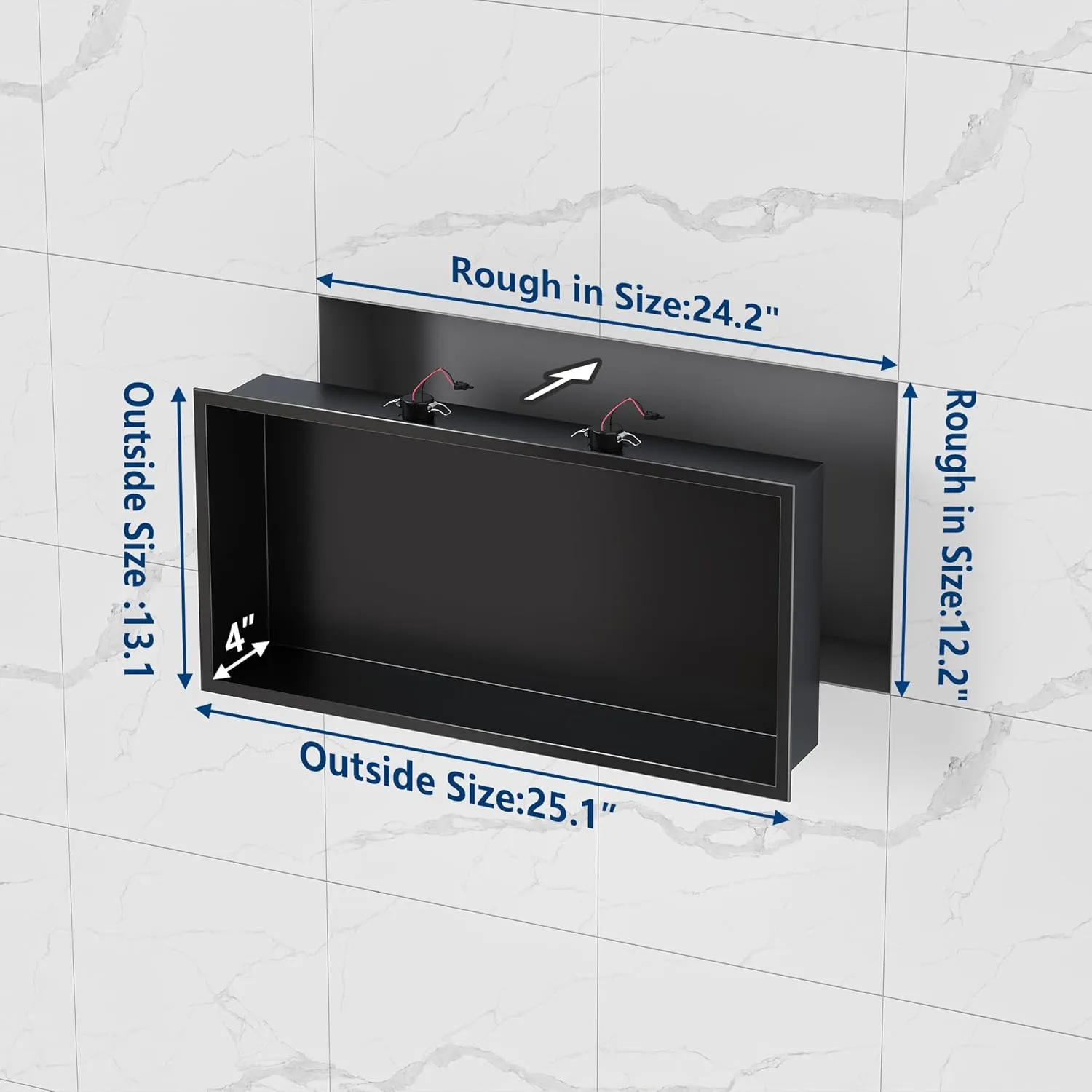 Neodrain Wall Niche With Non-dimmable LED Downlight, Matte Black Stainless 24X12Inch Shower Storage, Built-in Recessed for Bathroom NO Tile Needed