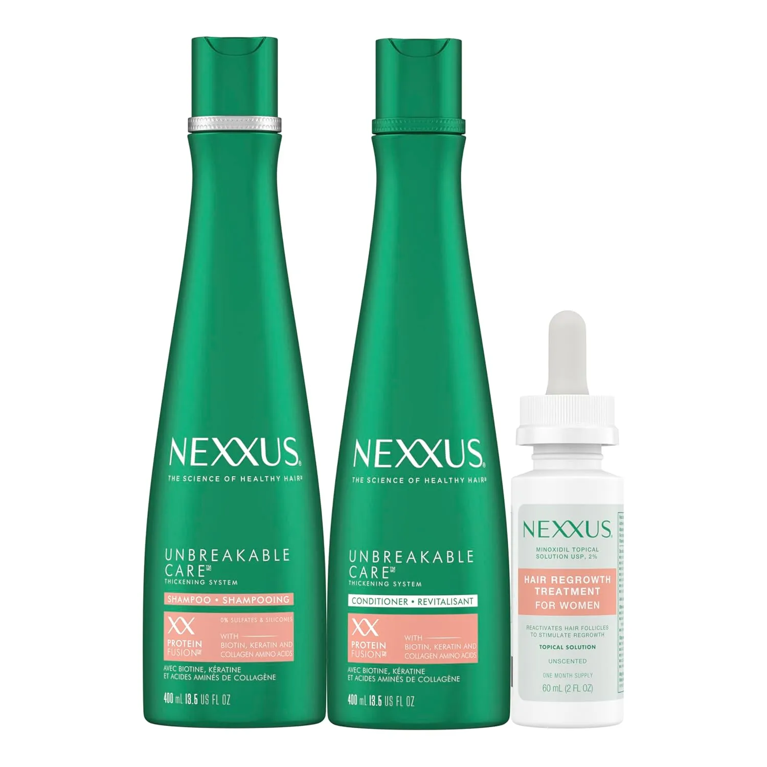 Nexxus Minoxidil Shampoo Conditioner & Leave-In Hair Serum Unbreakable Care 3 Pack with Biotin Keratin and Collagen Amino Acids 13.5 oz 2 fl oz