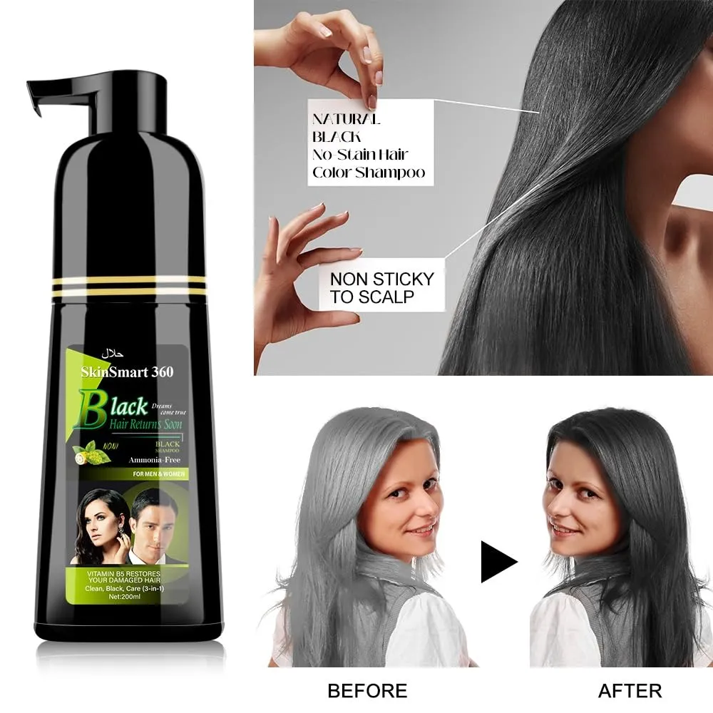 No-Stain Hair Dye Shampoo for Men & Women, Natural Ingredients, Ammonia-Free, Up to 100% Gray Coverage, Easy No-Mix Application, 200 mL, Pack of 1 (Natural Black)