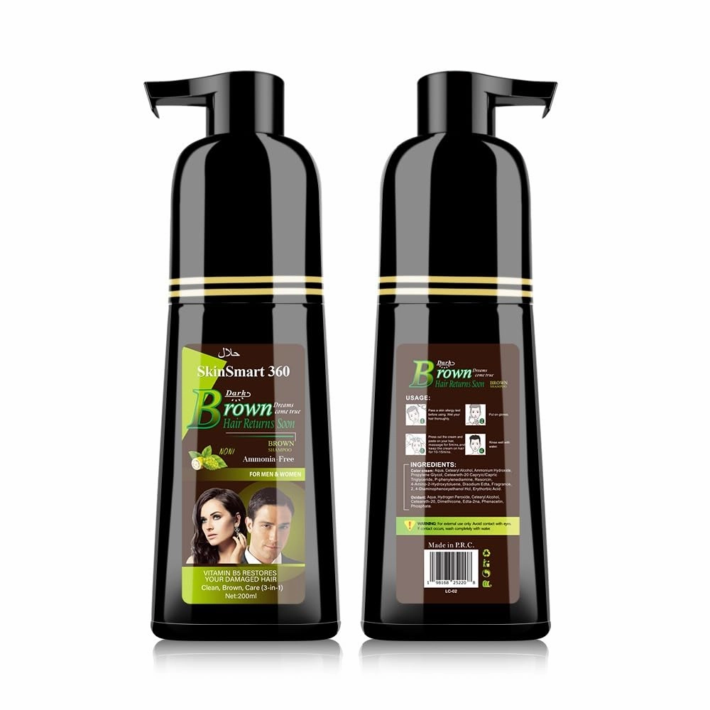 No-Stain Hair Dye Shampoo for Men & Women, Natural Ingredients, Ammonia-Free, Up to 100% Gray Coverage, Easy No-Mix Application, 200 mL, Pack of 1 (Dark Brown)