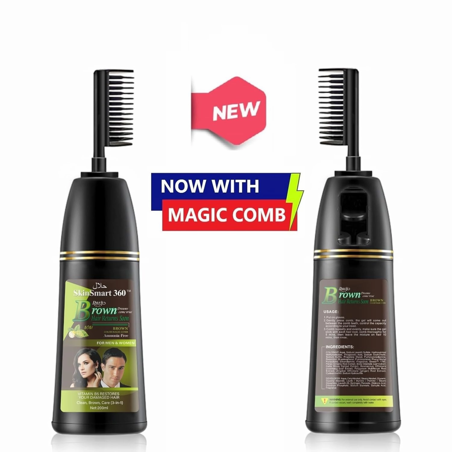 No-Stain Hair Dye Shampoo for Men & Women, Natural Ingredients, Ammonia-Free, Up to 100% Gray Coverage, Easy No-Mix Application, 200 mL, Pack of 1 (Dark Brown   Magic Comb)