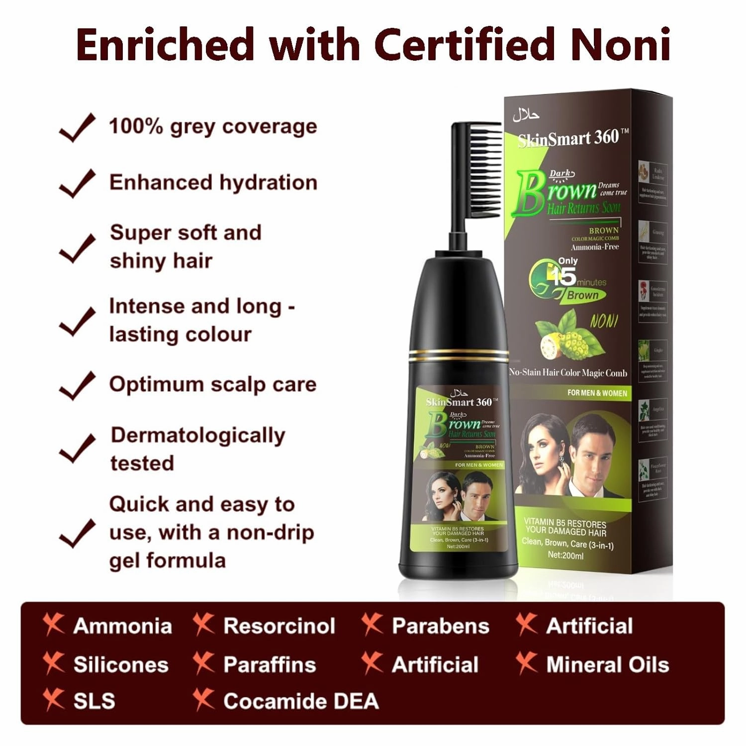 No-Stain Hair Dye Shampoo for Men & Women, Natural Ingredients, Ammonia-Free, Up to 100% Gray Coverage, Easy No-Mix Application, 200 mL, Pack of 1 (Dark Brown   Magic Comb)