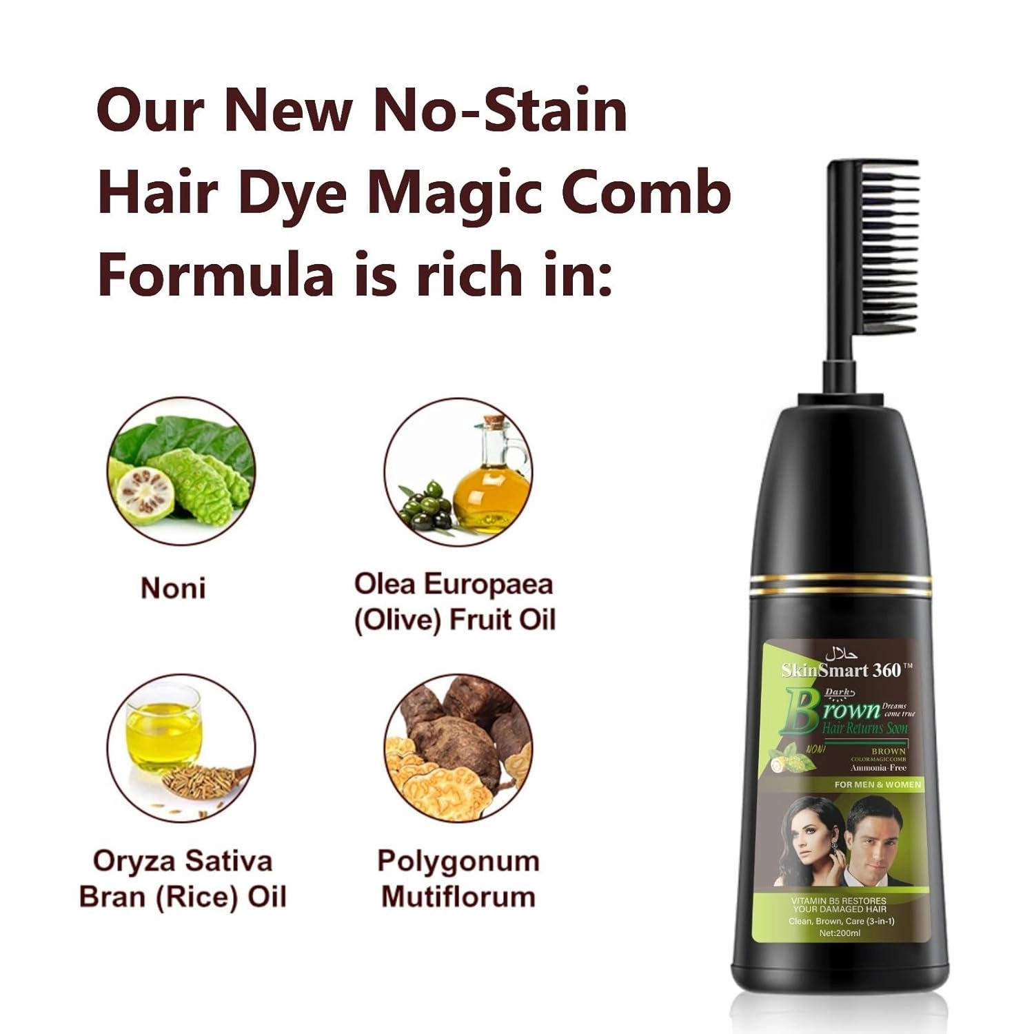 No-Stain Hair Dye Shampoo for Men & Women, Natural Ingredients, Ammonia-Free, Up to 100% Gray Coverage, Easy No-Mix Application, 200 mL, Pack of 1 (Dark Brown   Magic Comb)