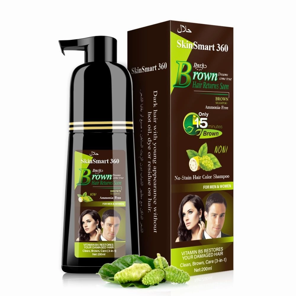 No-Stain Hair Dye Shampoo for Men & Women, Natural Ingredients, Ammonia-Free, Up to 100% Gray Coverage, Easy No-Mix Application, 200 mL, Pack of 1 (Dark Brown)