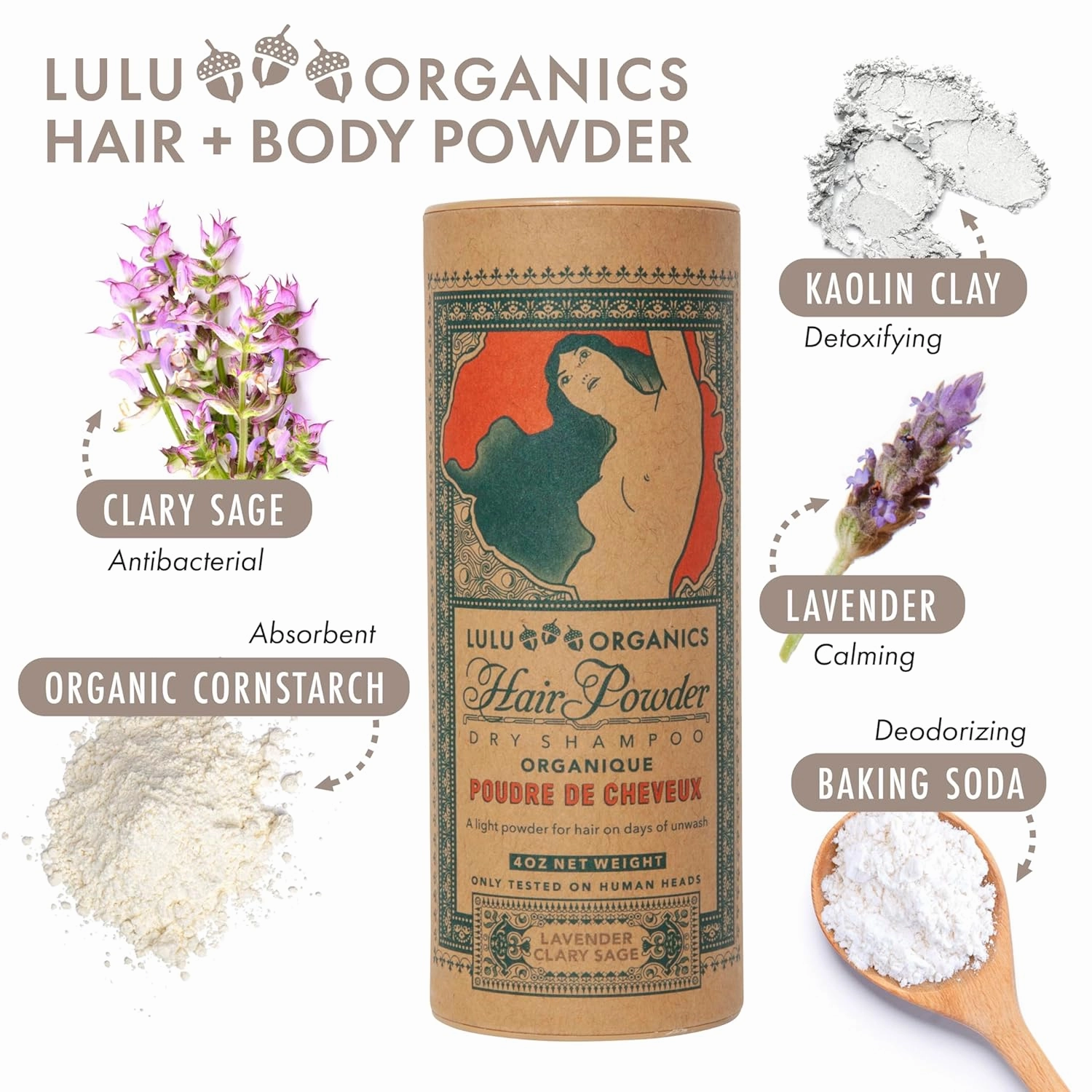 Non Aerosol Dry Shampoo Powder for Dark, Blonde and Oily Hair, All Natural Organic Hair and Body Powder, Paraben & Talc free No White Cast Synthetic Fragrance, Lavender and Clary Sage - 4oz