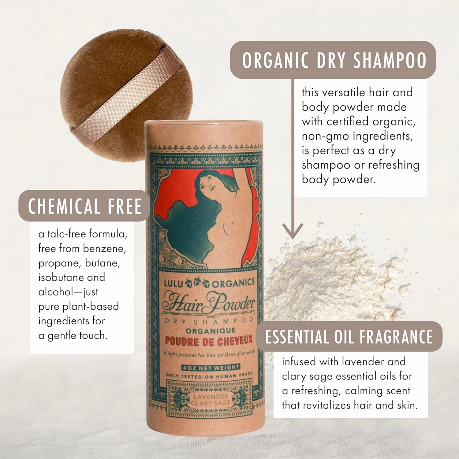 Non Aerosol Dry Shampoo Powder for Dark, Blonde and Oily Hair, All Natural Organic Hair and Body Powder, Paraben & Talc free No White Cast Synthetic Fragrance, Lavender and Clary Sage - 4oz