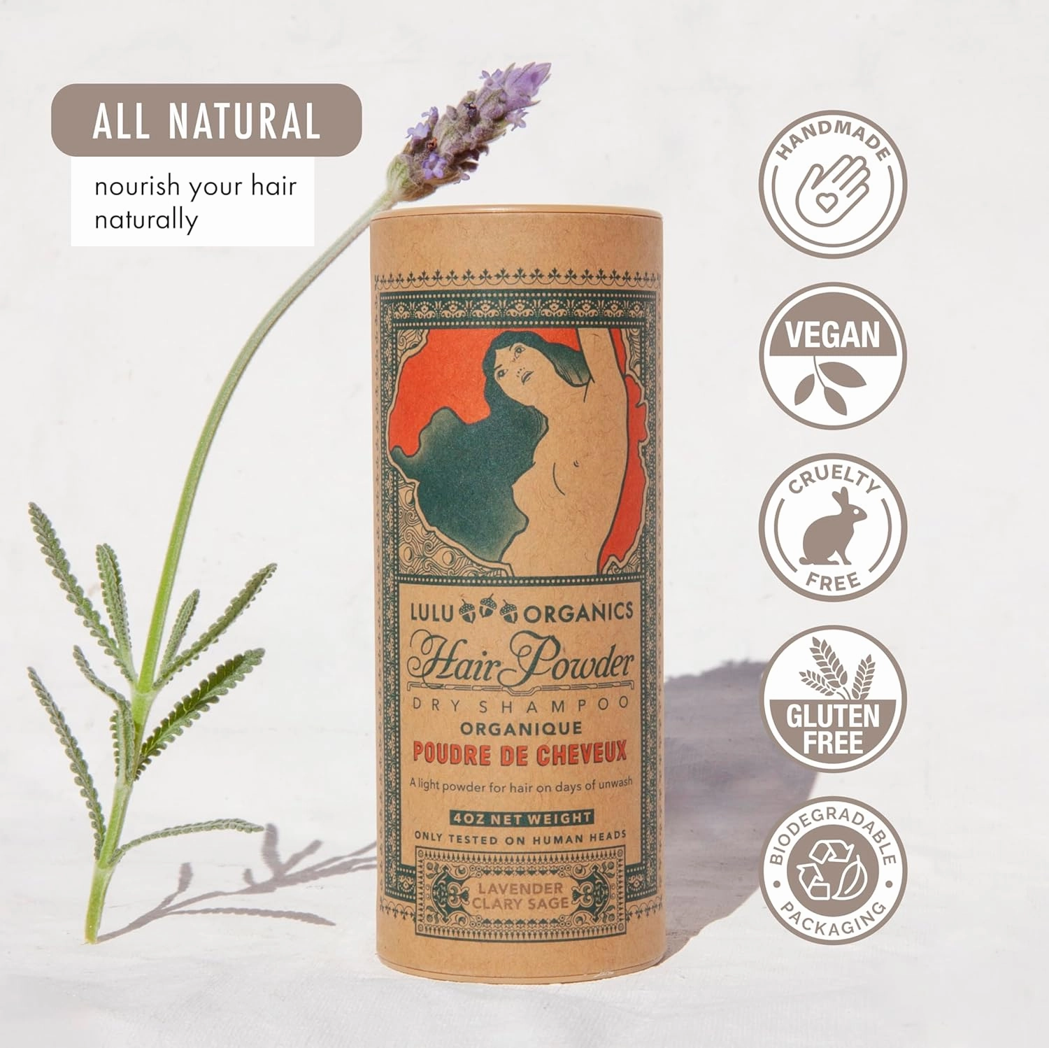 Non Aerosol Dry Shampoo Powder for Dark, Blonde and Oily Hair, All Natural Organic Hair and Body Powder, Paraben & Talc free No White Cast Synthetic Fragrance, Lavender and Clary Sage - 4oz