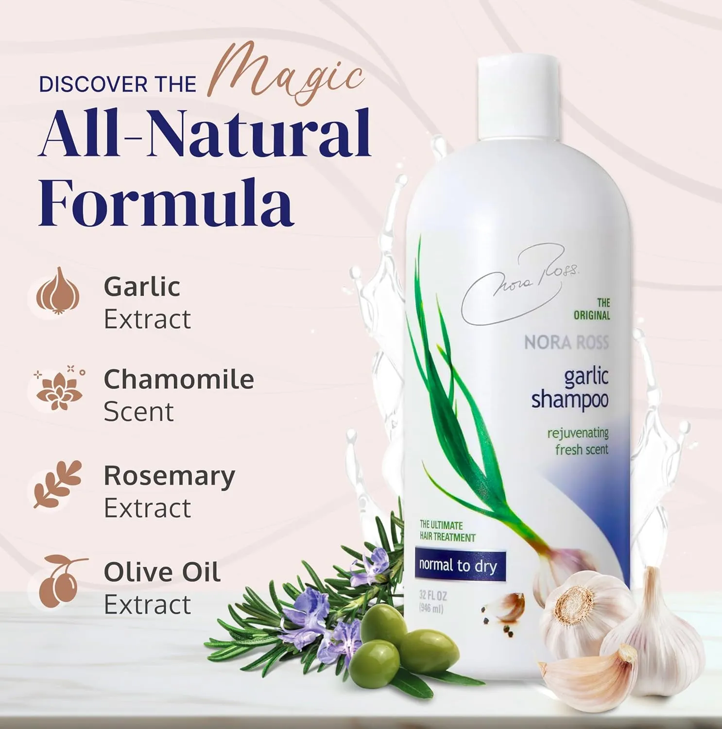 Nora Ross Classic Garlic Shampoo – Thickening and Hair Growth Shampoo for Men and Women with Normal to Dry, Thinning Hair – All Natural Anti-Dandruff and Scalp Cleanser Formula with Rosemary – 32oz