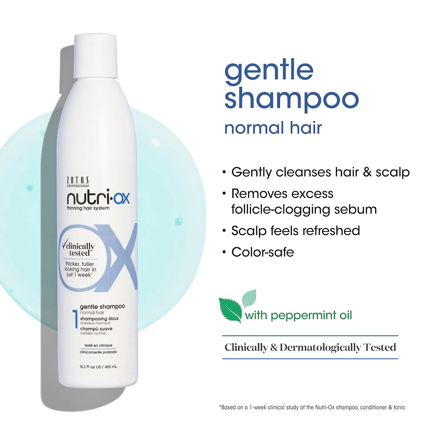 NUTRI-OX Gentle Shampoo Normal for Thinning Hair | Thicker, Fuller-Looking Hair | Clinically & Dermatologically Tested | Peppermint | Color-Safe