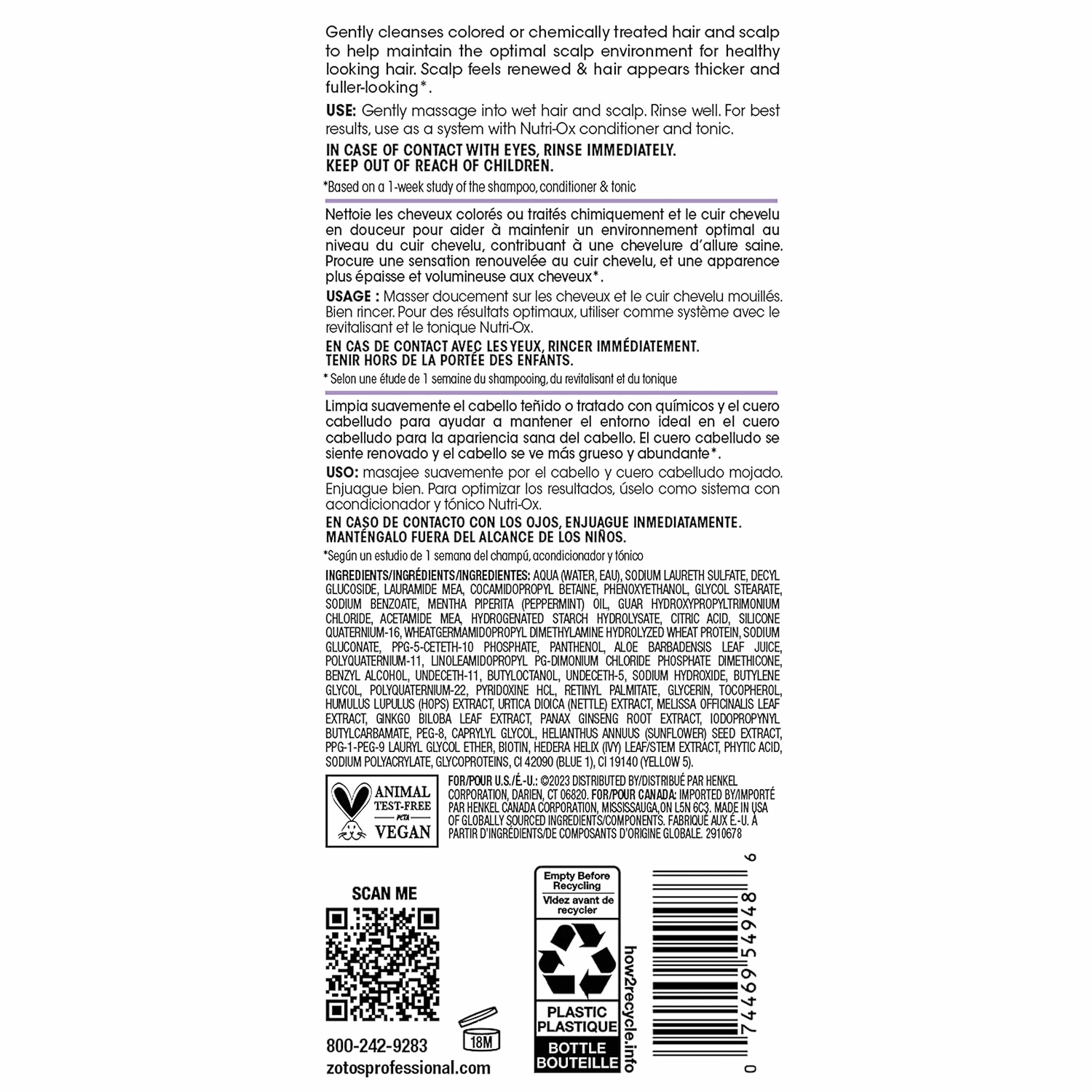 NUTRI-OX Gentle Shampoo Chemically-Treated for Colored Thinning Hair | Thicker, Fuller-Looking Hair | Clinically & Dermatologically Tested | Peppermint | Color-Safe