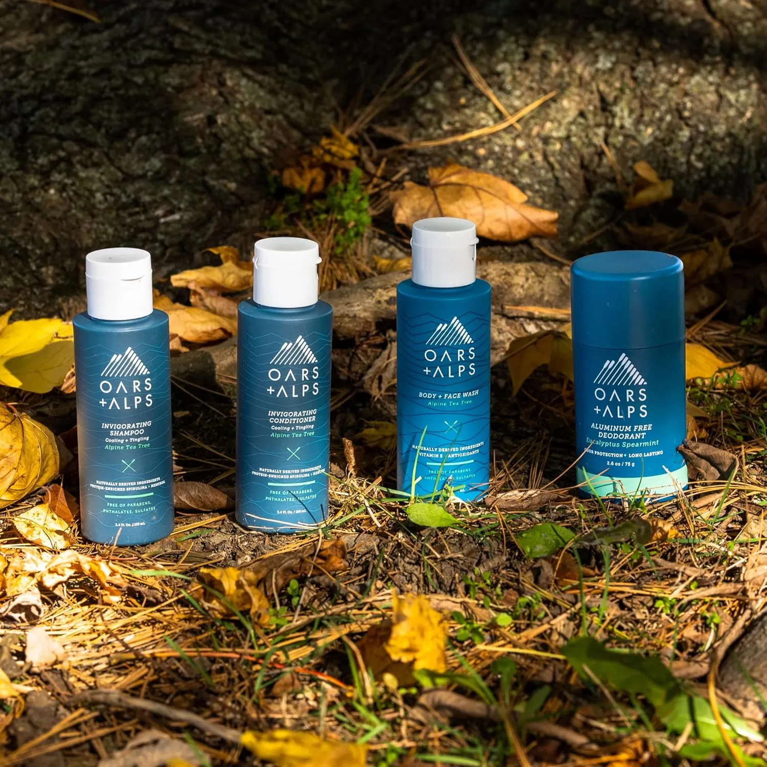 Oars   Alps Hair and Body Travel Kit for Men, Includes Sulfate Free Shampoo, Conditioner, Body Wash, Deodorant, and Reusable Pouch, TSA Friendly, Alpine Tea Tree Scent