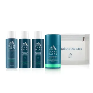 Oars   Alps Hair and Body Travel Kit for Men, Includes Sulfate Free Shampoo, Conditioner, Body Wash, Deodorant, and Reusable Pouch, TSA Friendly, Alpine Tea Tree Scent