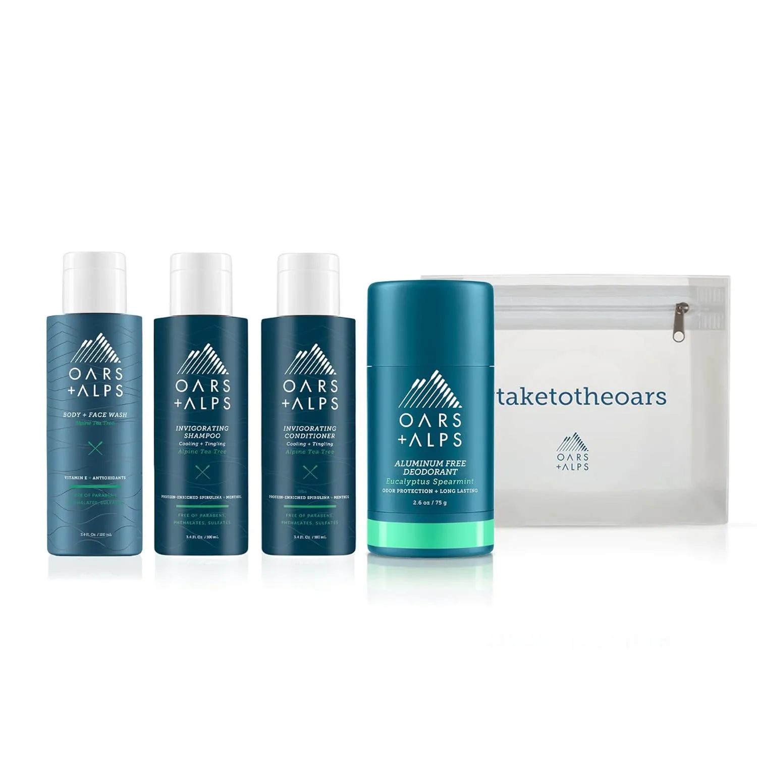 Oars   Alps Hair and Body Travel Kit for Men, Includes Sulfate Free Shampoo, Conditioner, Body Wash, Deodorant, and Reusable Pouch, TSA Friendly, Alpine Tea Tree Scent