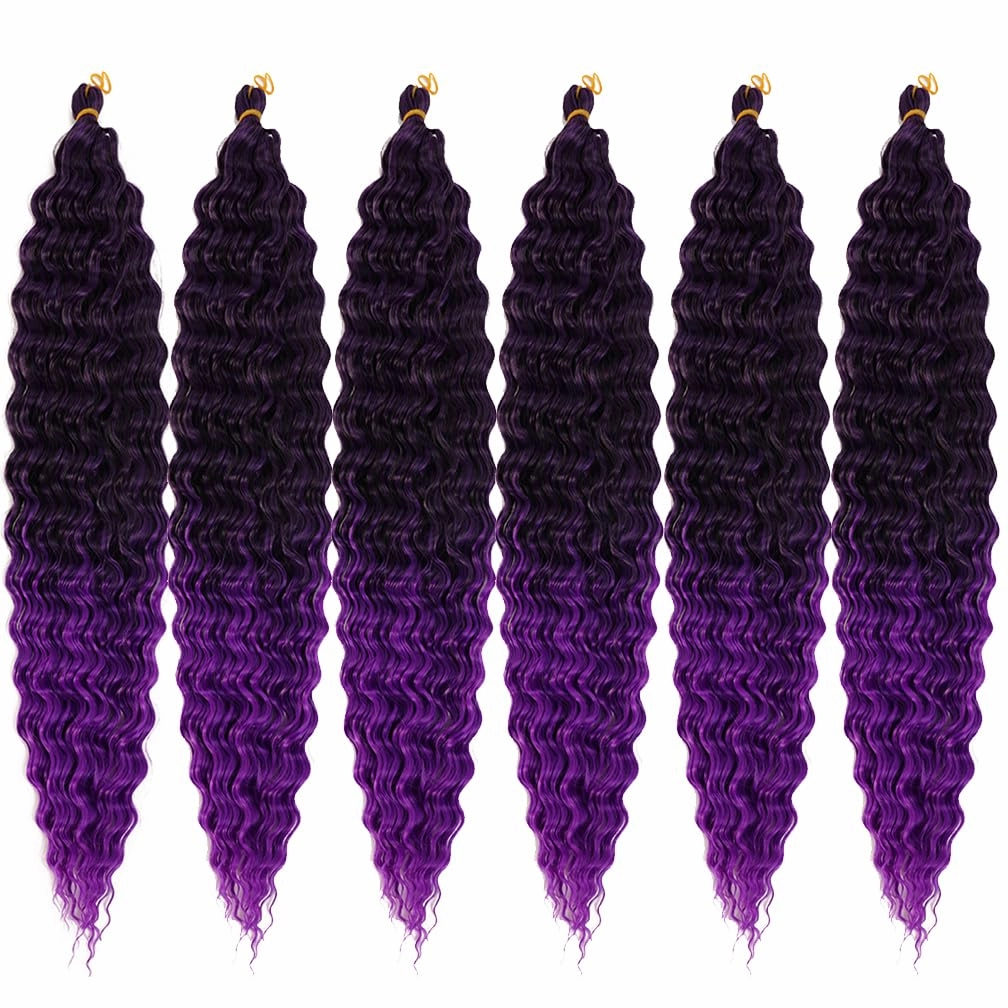 Ocean Wave Crochet Hair 22 Inch Deep Wave Braiding Hair Long Curly Crochet Braids Hair Extensions Ombre Black to Purple 6 Packs
