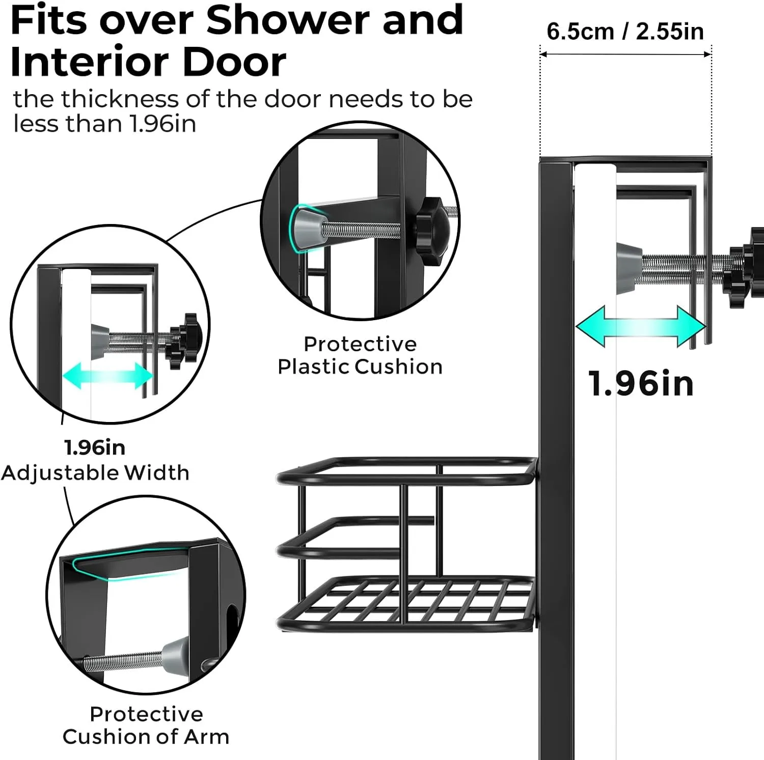 ODesign Over The Door Shower Caddy, 3-Tier Adjustable Hanging Caddy with 4 Hooks, Rustproof Bathroom Organizer with Suction Cup, Shower Shelf Rack for Shampoo, Razor - Black