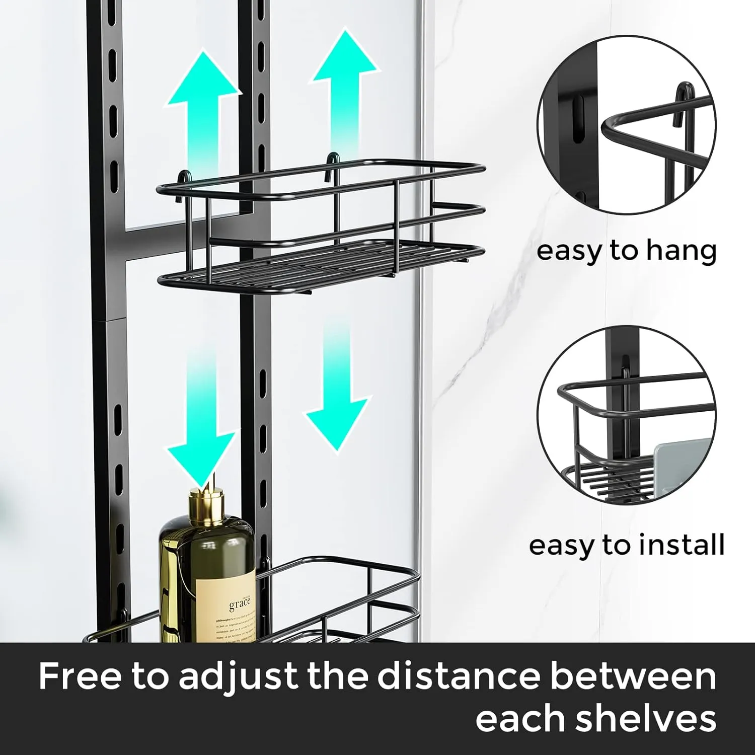 ODesign Over The Door Shower Caddy, 3-Tier Adjustable Hanging Caddy with 4 Hooks, Rustproof Bathroom Organizer with Suction Cup, Shower Shelf Rack for Shampoo, Razor - Black