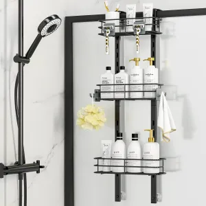 ODesign Over The Door Shower Caddy, 3-Tier Adjustable Hanging Caddy with 4 Hooks, Rustproof Bathroom Organizer with Suction Cup, Shower Shelf Rack for Shampoo, Razor - Black