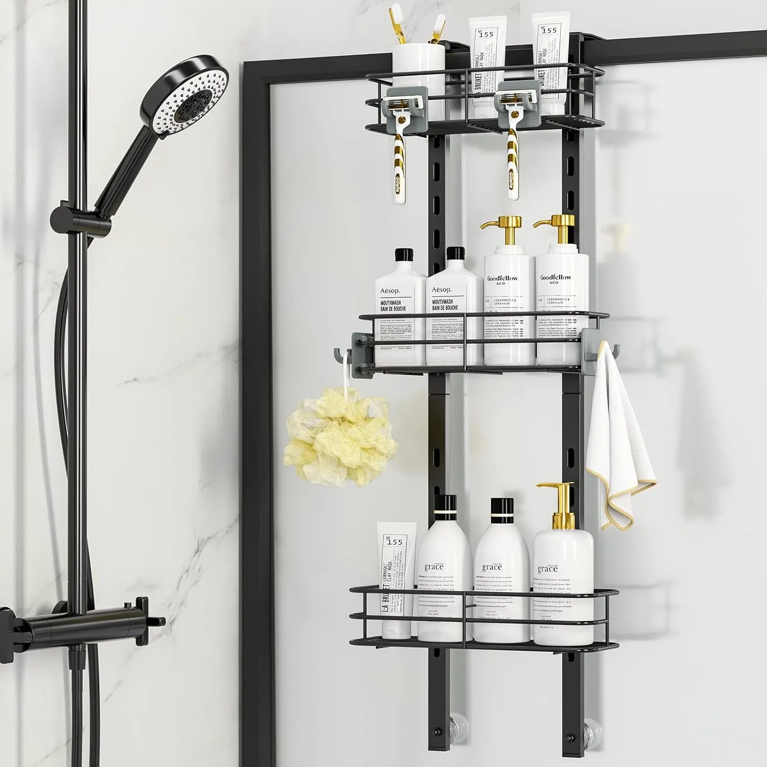 ODesign Over The Door Shower Caddy, 3-Tier Adjustable Hanging Caddy with 4 Hooks, Rustproof Bathroom Organizer with Suction Cup, Shower Shelf Rack for Shampoo, Razor - Black