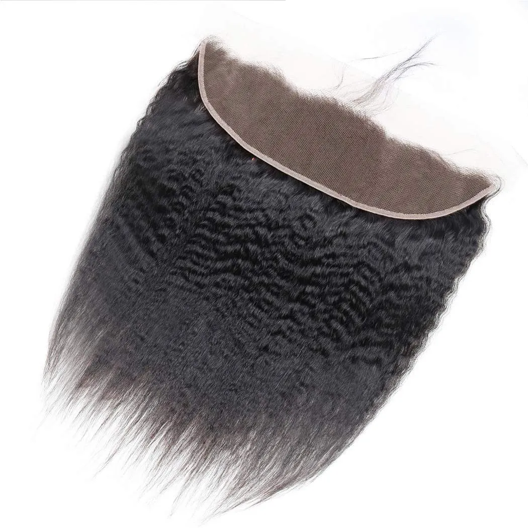 Odir Kinky Straight Bundles with 13x4 Frontal Brazilian Human Hair 16 18 20 14 Inch Unprocessed 9A Yaki Straight Virgin Hair 3 Bundles with Lace Closure Frontal Natural Color