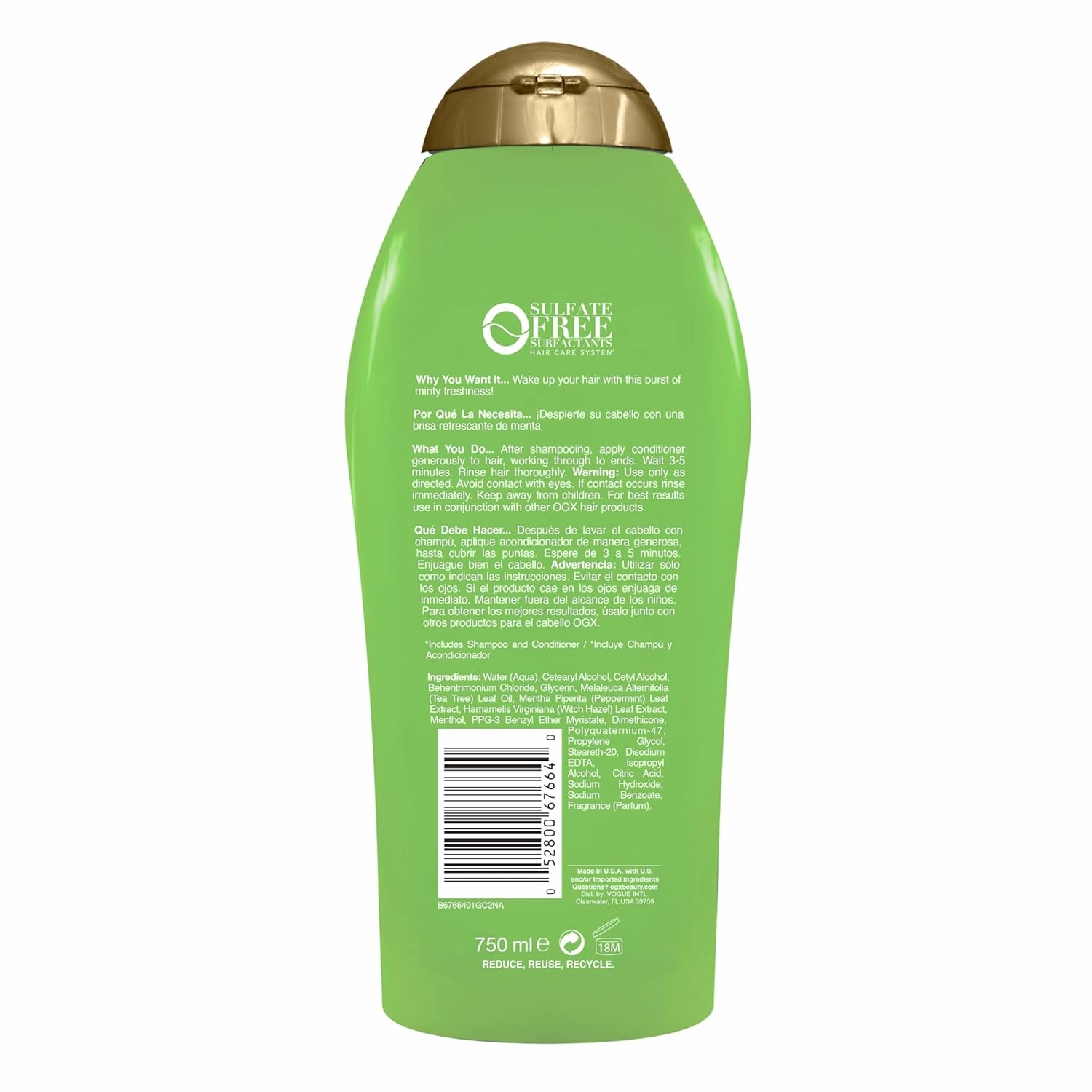 OGX Extra Strength Refreshing Scalp   Teatree Mint Conditioner, Invigorating Conditioner with Tea Tree & Peppermint Oil & Witch Hazel, Paraben-Free, Sulfate-Free Surfactants, 25.4 Fl Oz