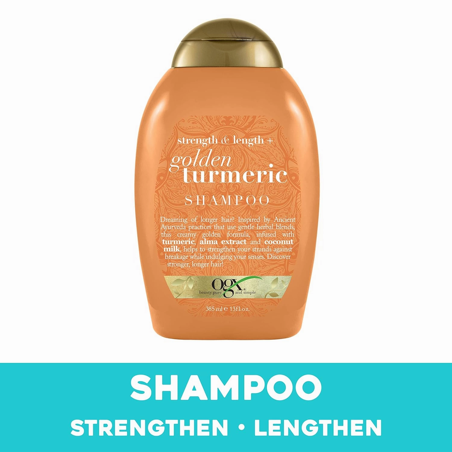 OGX Strength Length   Golden Turmeric Shampoo with Milk to Soothe Scalp Nourish Hair Ayurveda SulfateFree Surfactants for Stronger Longer Hair, Coconut, 13 Fl Oz