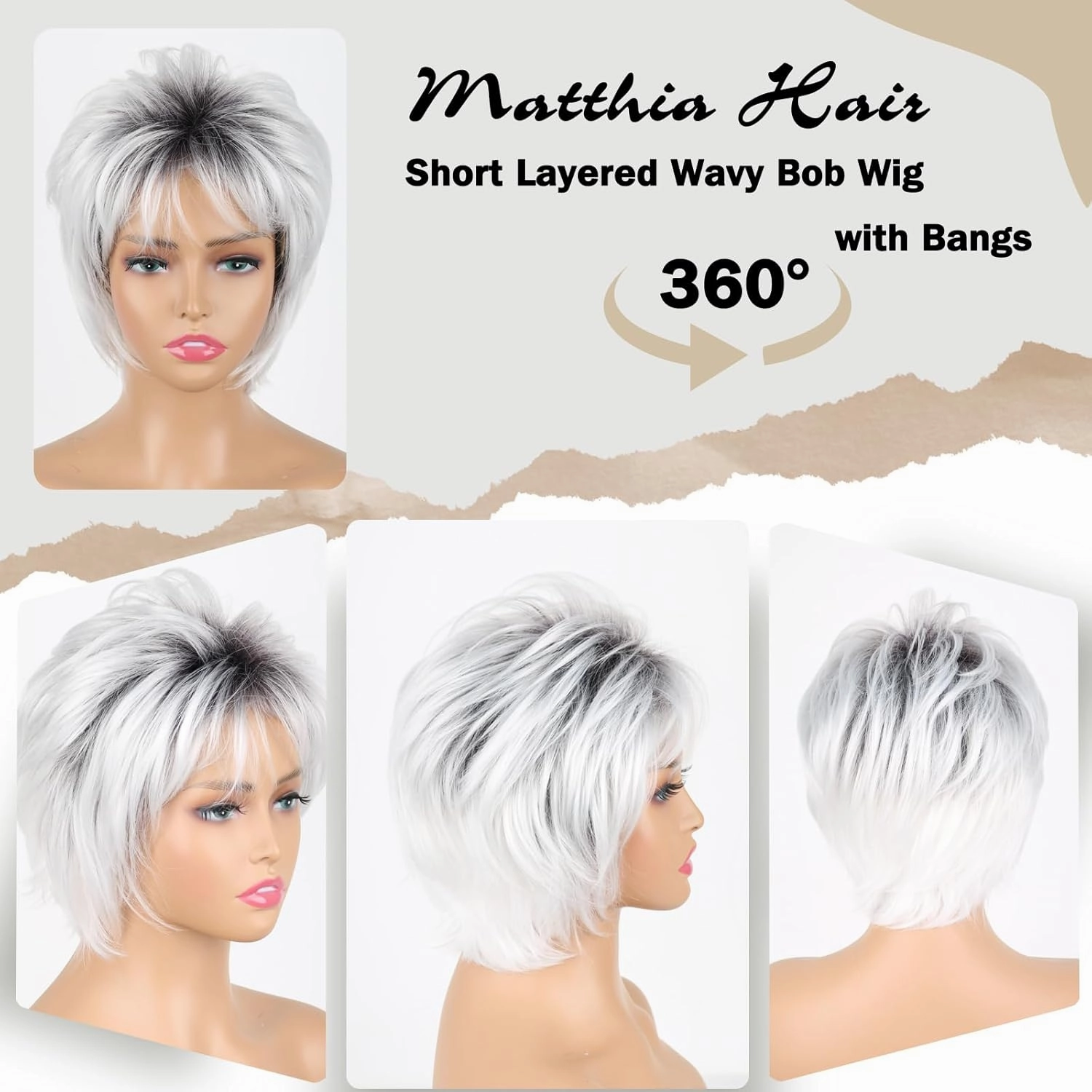 Ombre Grey Wig Short Hair Pixie Synthetic Wigs for White Women, Pixie Cut Wig Ombre Gray to White Short Wigs Layered Realistic Wigs for White Women(Mixed Grey and White)