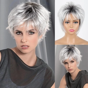 Ombre Grey Wig Short Hair Pixie Synthetic Wigs for White Women, Pixie Cut Wig Ombre Gray to White Short Wigs Layered Realistic Wigs for White Women(Mixed Grey and White)