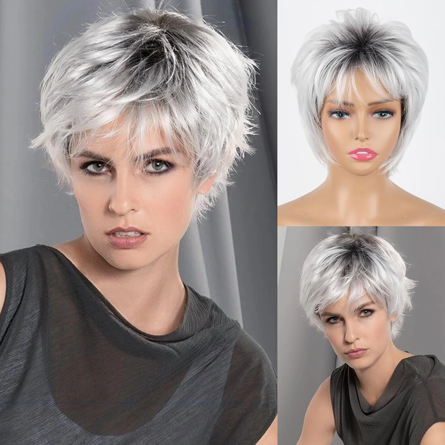 Ombre Grey Wig Short Hair Pixie Synthetic Wigs for White Women, Pixie Cut Wig Ombre Gray to White Short Wigs Layered Realistic Wigs for White Women(Mixed Grey and White)