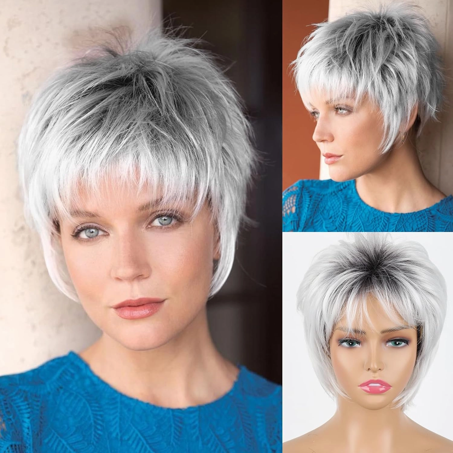 Ombre Grey Wig Short Hair Pixie Synthetic Wigs for White Women, Pixie Cut Wig Ombre Gray to White Short Wigs Layered Realistic Wigs for White Women(Mixed Grey and White)