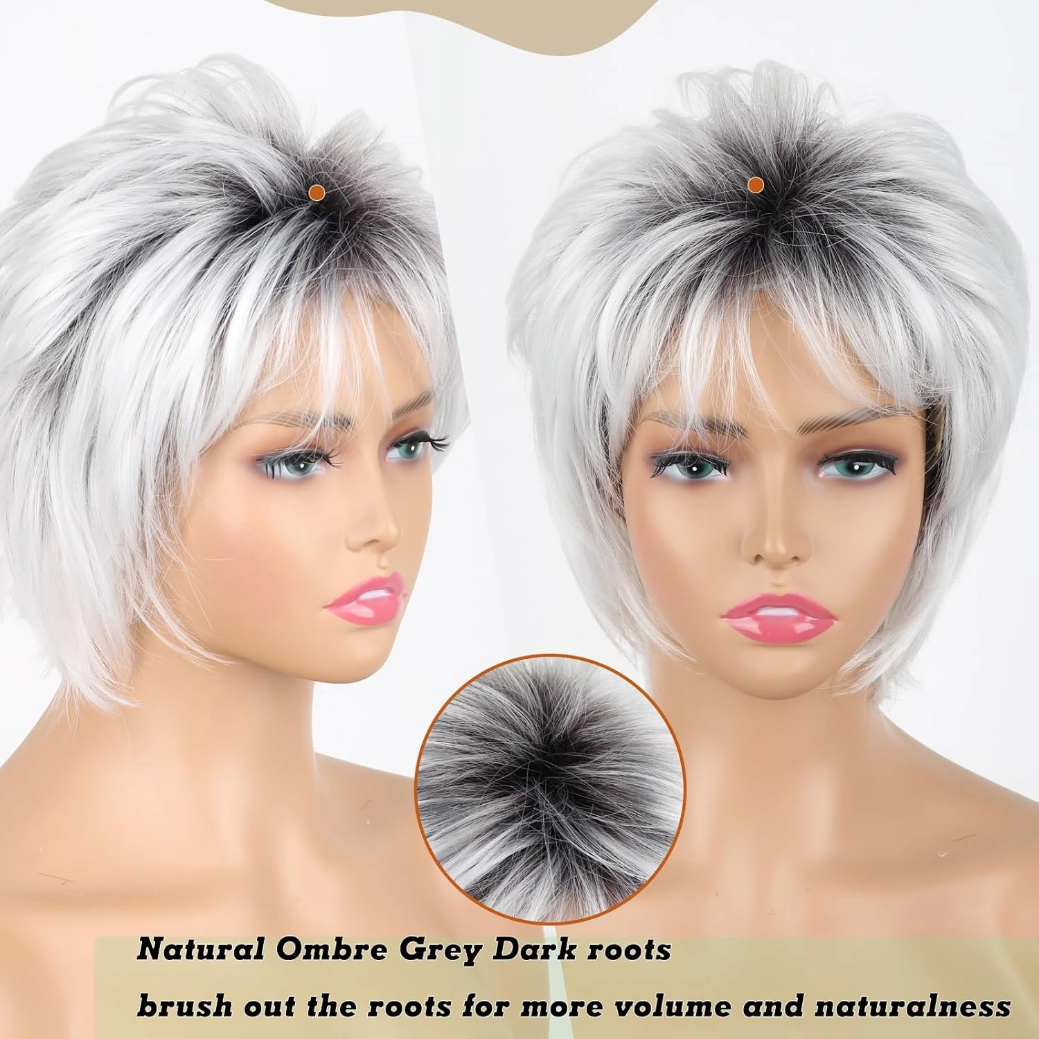 Ombre Grey Wig Short Hair Pixie Synthetic Wigs for White Women, Pixie Cut Wig Ombre Gray to White Short Wigs Layered Realistic Wigs for White Women(Mixed Grey and White)