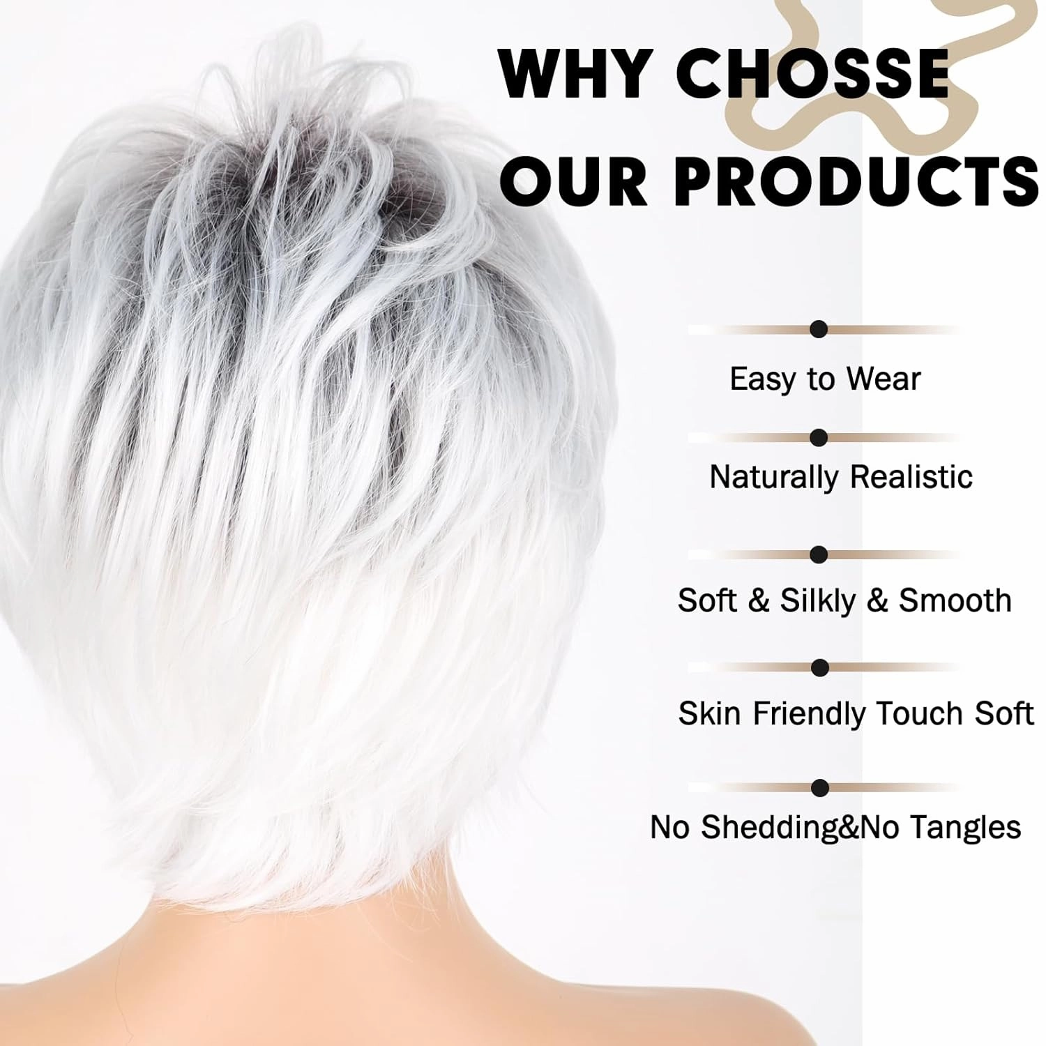 Ombre Grey Wig Short Hair Pixie Synthetic Wigs for White Women, Pixie Cut Wig Ombre Gray to White Short Wigs Layered Realistic Wigs for White Women(Mixed Grey and White)