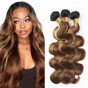 Ombre Highlight Bundles Brown Mixed Honey Blonde Human Hair Body Wave Bundles 20 22 24 Inch Black Roots to Brown and Blonde 3 Tone Hair Extensions for Woman No Shedding No Tangle