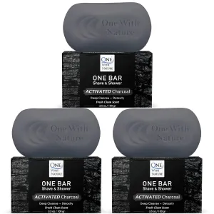 ONE Bar Activated Charcoal 3.5 oz 3 Pack - Shave, Shower, Shampoo, face, beard, body, hair/scalp, SuperFAT “oil” Infused: Avocado, Mango, Olive, Coconut, Argan, Moisturizing and Nourishing Oil.