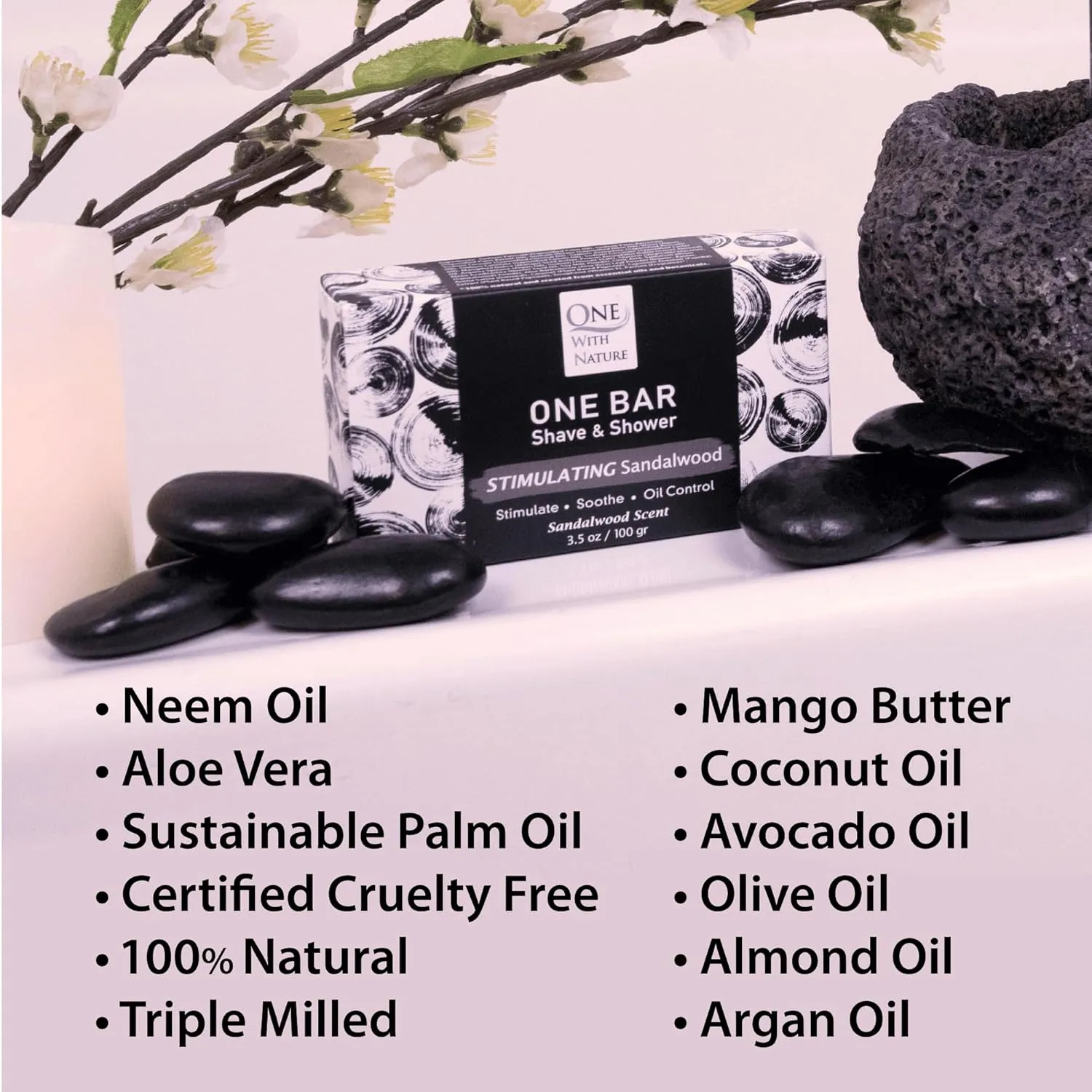 ONE Bar Stimulating Sandalwood 3.5 oz 3 Pack - Shave, Shower, Shampoo, face, beard, body, hair/scalp, SuperFAT “oil” Infused: Avocado, Mango, Olive, Coconut, Argan Oil, Moisturizing.