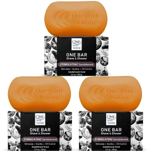 ONE Bar Stimulating Sandalwood 3.5 oz 3 Pack - Shave, Shower, Shampoo, face, beard, body, hair/scalp, SuperFAT “oil” Infused: Avocado, Mango, Olive, Coconut, Argan Oil, Moisturizing.