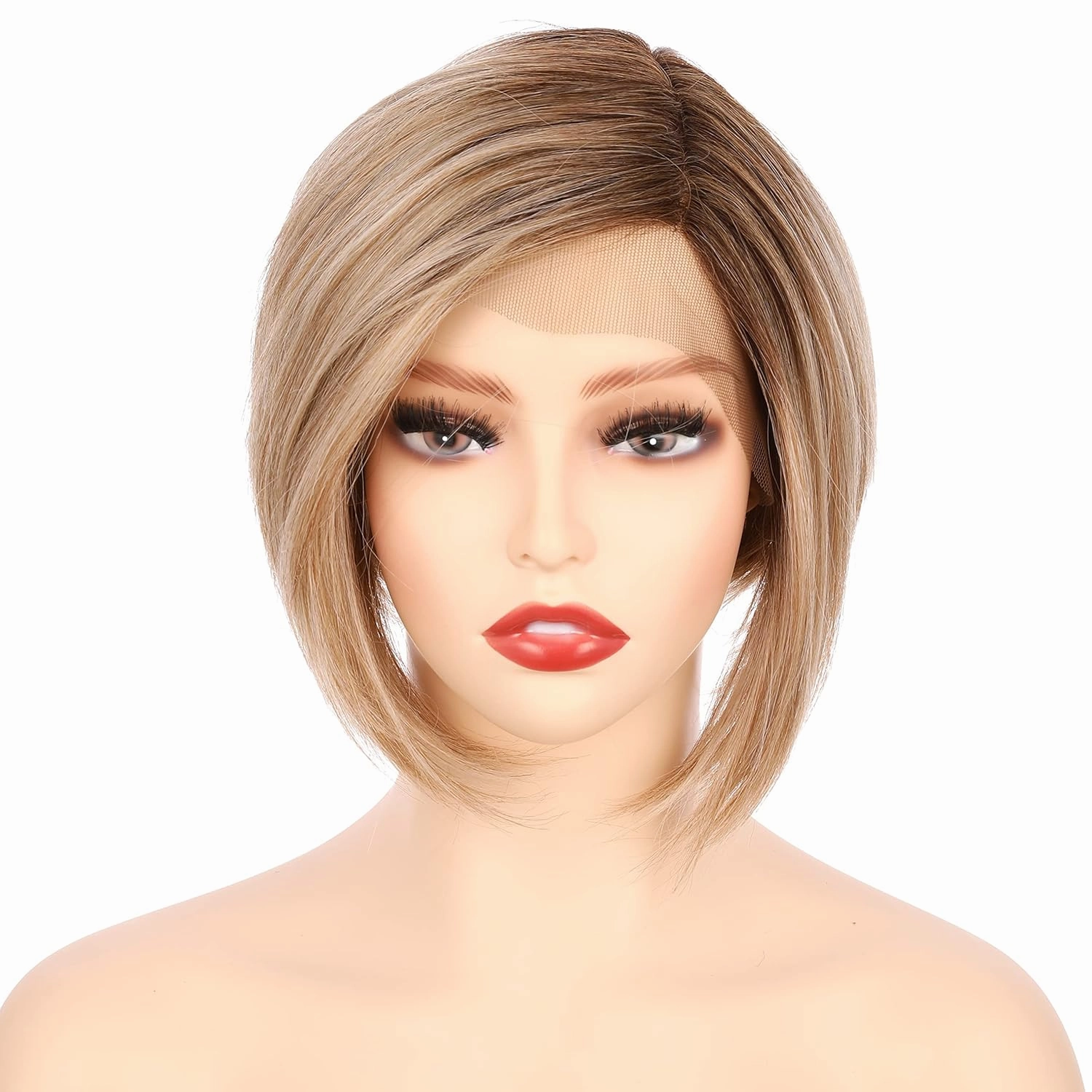 Onedor 8 Inch Angled Layers Lace Front Wig Relaxed Straight Bob Wig (Dark Natural Blonde Blended & Pale Golden Blonde with Dark Roots-OT8/386/624)