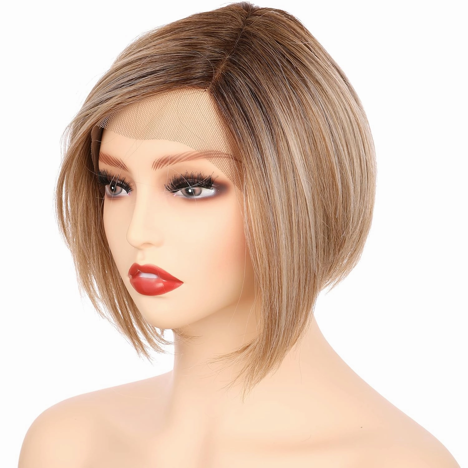 Onedor 8 Inch Angled Layers Lace Front Wig Relaxed Straight Bob Wig (Dark Natural Blonde Blended & Pale Golden Blonde with Dark Roots-OT8/386/624)