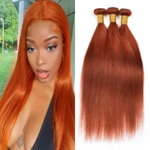 Orange Human Hair Straight Bundles Color 350 Human Hair Ginger Orange Straight Bundles Double Weft Remy Hair Soft and Silky Weave Extensions Bundles for Black Woman (28 28 28 inch,3 Bundles)