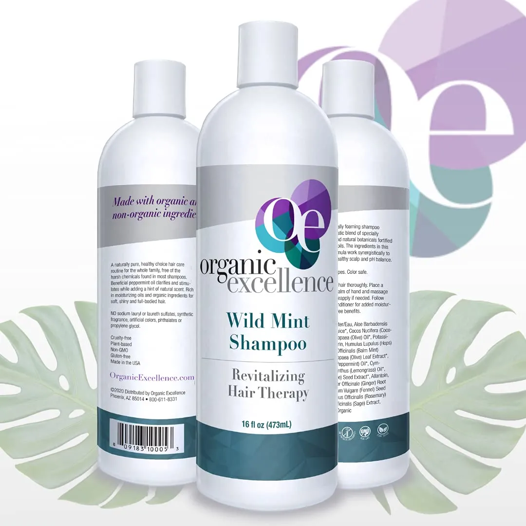 Organic Excellence Natural Organic Shampoo, Wild Mint & Rosemary, Chemical Free, Plant-Based, Toxin-Free, Cruelty-Free, Certified Herbs & Oils For Healthy Full-Bodied Hair 16 fl. oz