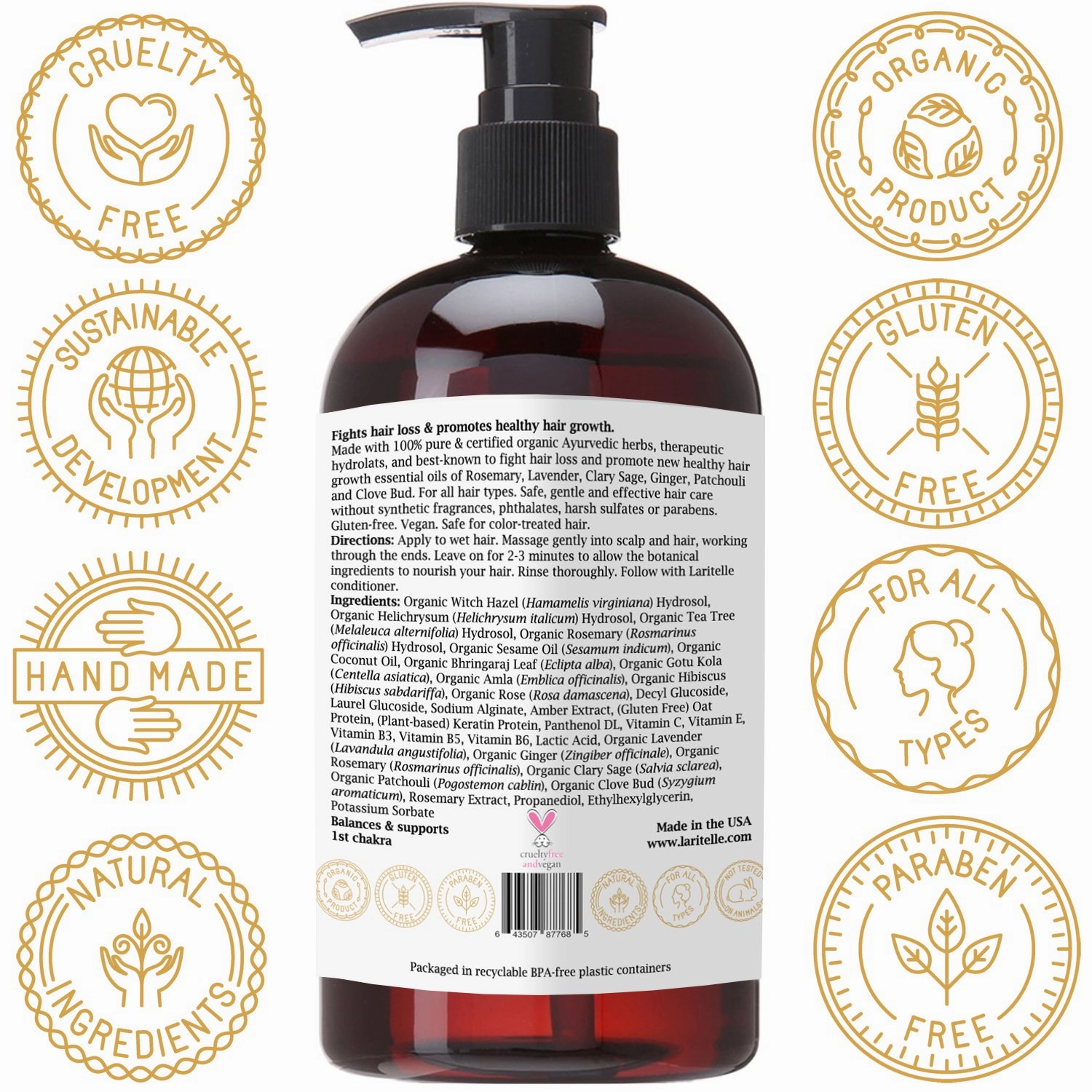 Organic Shampoo 16 oz. Fortifying, Strengthening, Rejuvenating. Prevents Hair Shedding, Promotes New Hair Growth. Ayurvedic Herbs, Lavender, Ginger, Rosemary, Patchouli and Cloves. Vegan. GF