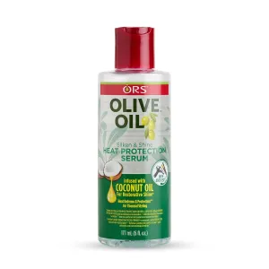 ORS Heat Protection Hair Serum infused with Coconut Oil for Restorative Shine Olive Oil Moisture Restore Creamy Aloe Shampoo Olive Oil Strengthen & Nourish Replenishing Conditioner - Bundle